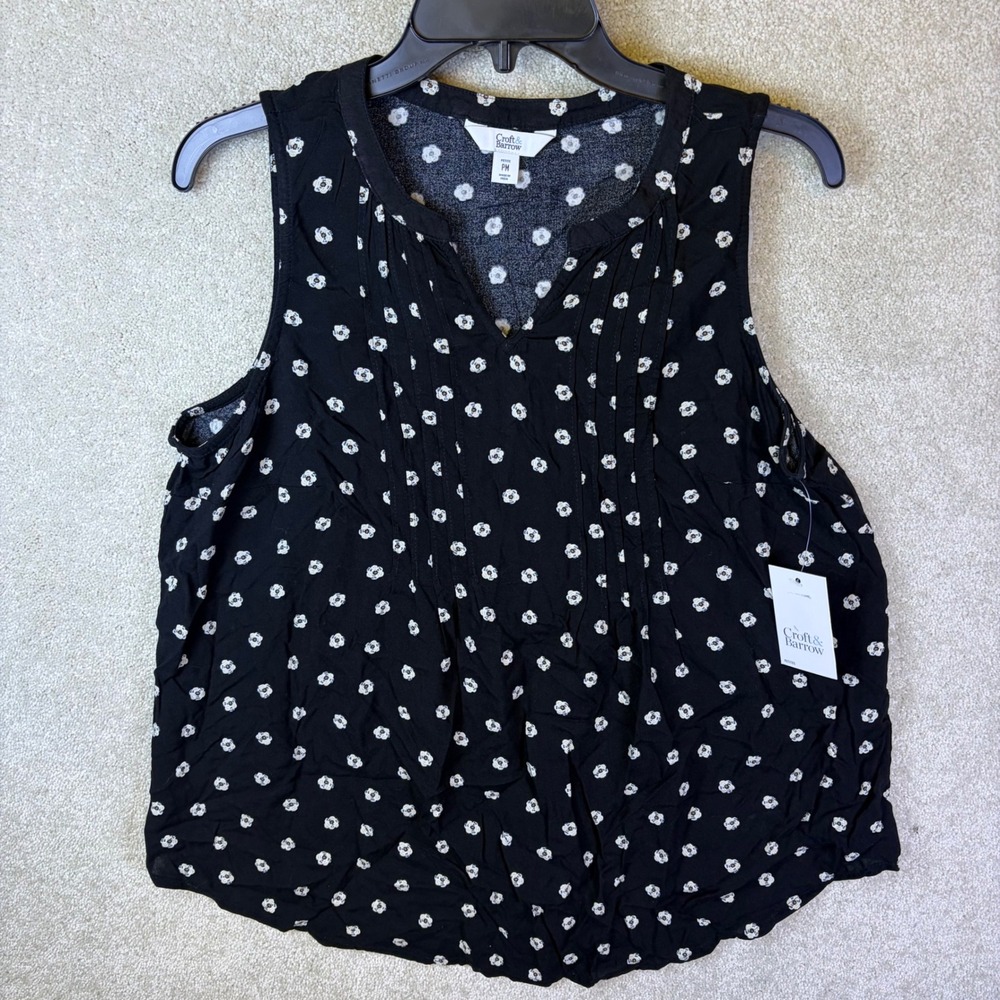 Croft & Barrow Tank Top Womens Petite M Black Floral Pintuck‎ Sleeveless NEW